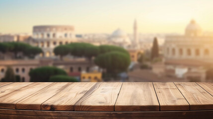 empty wooden table with blurry Italy background