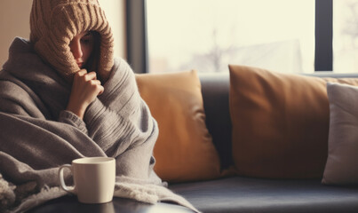 Winter fuel and energy costs. People wearing blankets and hats indoors to keep warm - obrazy, fototapety, plakaty