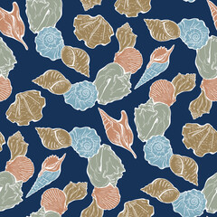 Sea shell decorative seamless abstract vector pattern. Summer beach holiday, ocean scuba diving, snorkeling theme for textile print, fabric design, wallpaper background, wrapping paper, trendy fashion