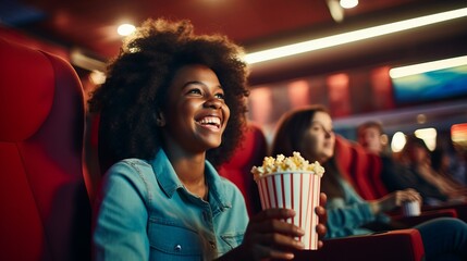 young small dark-skinned girl sitting in cinema hall holding bucket of popcorn smiling and looking cheerfully into the camera, eyes and mouth wide open, enjoying and having fun at the movie theater