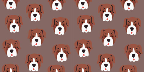 Vector seamless pattern with cute bulldog dog faces. Dog pattern on brown background. Vector illustration