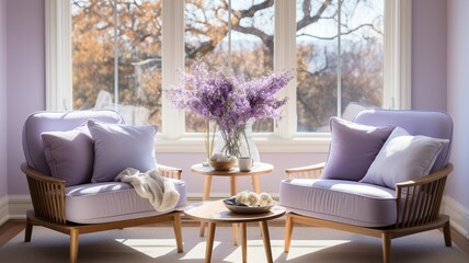 modern living room with arm sofa chair, purple color concept. Generative in ai