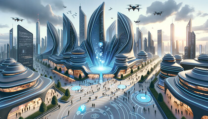 A 5D technology-enhanced city in the distant future. The architecture is sleek - obrazy, fototapety, plakaty