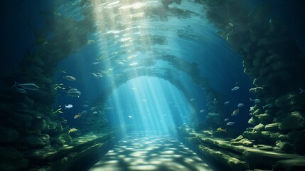 Fototapeta na wymiar Underwater tunnel, underwater world