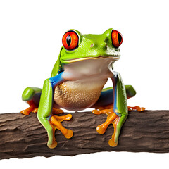 A red-eyed green frog is sitting on a branch on a transparent background PNG. A beautiful frog is sitting on a branch.