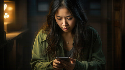 Portrait of a sad and depressed Asian woman looking at her smartphone standing on the street in a winter blur background at night - obrazy, fototapety, plakaty