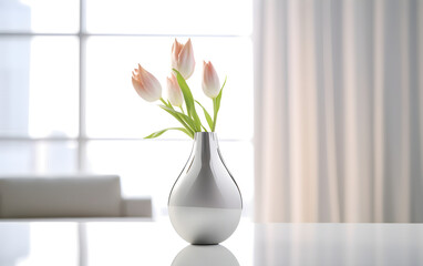 Tulips in vase. On a white desk, a vase of flowers in the shape of a Klein bottle sits.