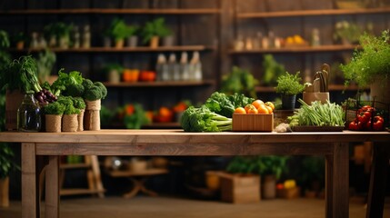 Fototapeta na wymiar Wooden table with vegetables in a grocery store, interior of a country store with fresh organic products