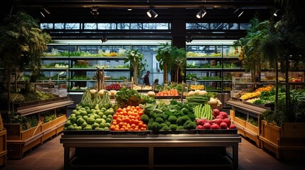 The interior of a vegetable store, a grocery store with fresh vegetables, organic products
