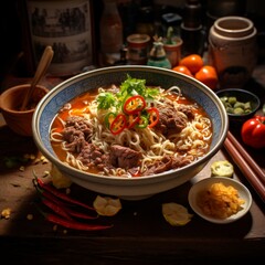 Bowl of delicious beef noodles with rich soup Ai generated art - obrazy, fototapety, plakaty