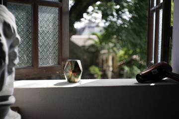 person looking out window