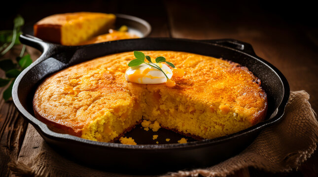 Sliced Skillet Cornbread in cast iron pan on dark wooden background. Horizontal, close-up, side view.