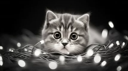 Fotobehang A playful pet kitten tangled in Christmas lights © Nicolas