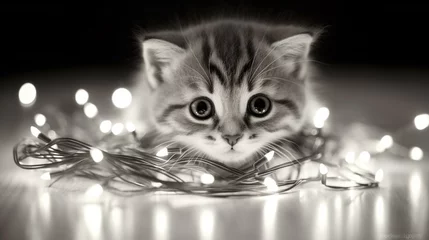 Fotobehang Adorable kitten playfully tangled in Christmas lights © Nicolas