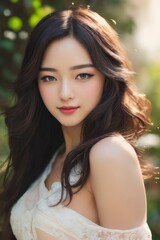 Naklejka premium Happy young Korean Girl standing in front of a blooming Sakura tree, Closeup portrait of a cheerful young female Asian adult in wild nature