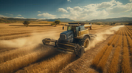 Powerful tractor advancing through wheat plantations at daylight
