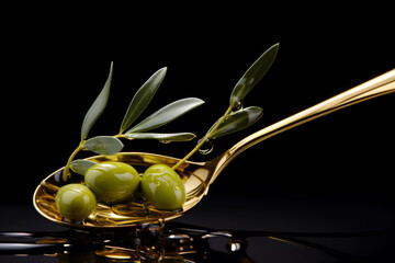 Olives and olive oil in a big spoon. Olive oil amidst an olive branch. Generative AI