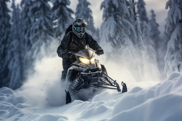 Fototapeta na wymiar Snowmobile riding in deep snow powder during backcountry tour. Outdoor activity during winter holiday on ski mountain resort. Generative AI