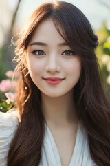 Fototapeta premium Happy young Korean Girl standing in front of a blooming Sakura tree, Closeup portrait of a cheerful young female Asian adult in wild nature