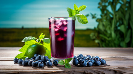blueberry juice in glass with berries on wooden table in summer garden