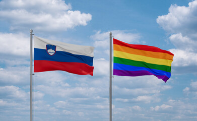 Gay Pride and Slovenia flags, country relationship concept