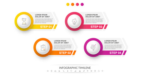 Business vector infographics with four circles and arrows. Timeline visualization with 4 steps for diagram, flowchart, banner, presentations, web, content, levels, chart, graphic