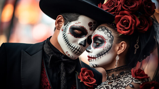 young couple with skull in halloween day
