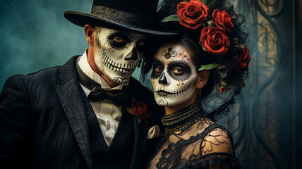 young couple with skull in halloween day