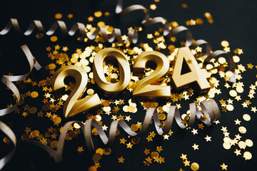 happy new year 2024 background. New year holidays card with golden confetti on black background