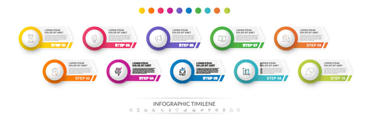 Business vector infographics with 10 circles and arrows. Timeline visualization with ten steps for diagram, flowchart, banner, presentations, web, content, levels, chart, graphic