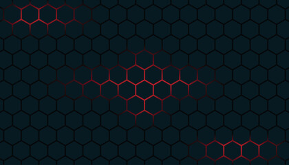 Blue hexagon abstract technology background with red colored bright flashes under hexagon.