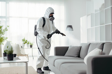 Faceless pest control worker in a protective suit sprays insect poison in a living room - obrazy, fototapety, plakaty