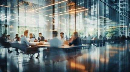 Blurry photo of a big modern corporate office with business people