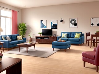 Interior of living room with blue sofa 3d render on wooden floor