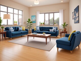 Interior of living room with blue sofa 3d render on wooden floor