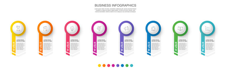 Vector business infographics template. Timeline with eight circle, icon, arrow, steps, 8 number options. Can be used for workflow layout, diagram, chart, banner, web design. Modern illustration - obrazy, fototapety, plakaty