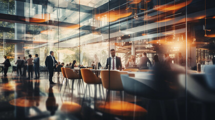 Blurry photo of a big modern corporate office with business people