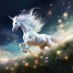 Celestial Journeys Mythical Unicorn Galloping Across a Starlit Meadow in Ultra Realistic Digital Painting