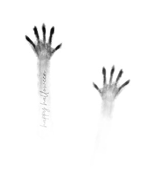 Creepy Halloween Vector Print with Black Shadow of Human Hands. Happy Halloween. Black Hand Drawn Hands Behind the Glass. Horror Movie Poster-like Halloween Illustration ideal for Card, Poster. RGB.