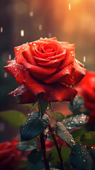 Red Rose. Beautiful red roses and water drops. Valentine's Day background. Red rose petals with raindrops.