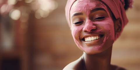 beautiful young black woman applying facial mask