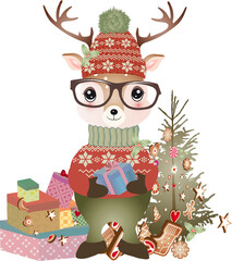 Hirsch mit Weihnachtsgeschenke,Brille und Mütze