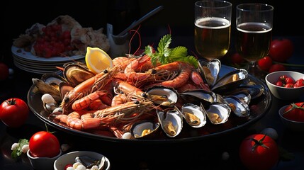 a plate of seafood with a couple of glasses of beer