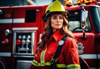 Portrait of firefighter in uniform and helmet near fire truck outdoors. Female firefighter against the background of a firetruck
