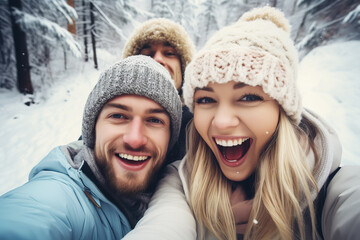 Fototapeta premium Happy friends having fun taking and selfie together outdoors in winter In forest