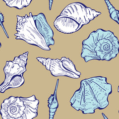 Sea shell decorative seamless abstract pattern. Summer beach holiday, ocean scuba diving and snorkeling theme for textile print, fabric design, wallpaper, background, wrapping paper, trendy fashion.