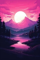 a landscape with a river and mountains and a pink sky