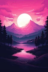 Gartenposter Rosa a landscape with a river and mountains and a pink sky