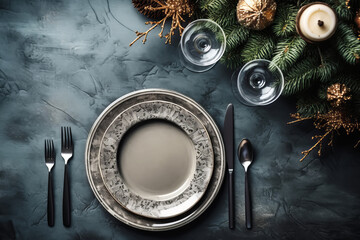 Christmas table setting with vintage festive tableware, gray and gold decor for Christmas celebration