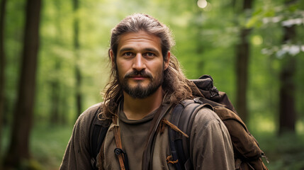 portrait of a long-haired, bearded man with a backpack  in a forest